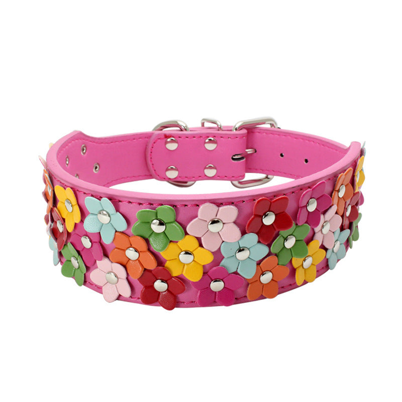 KFX-8156477 Three Rows of Flowers PU Large Dog Collar in Multiple Colors