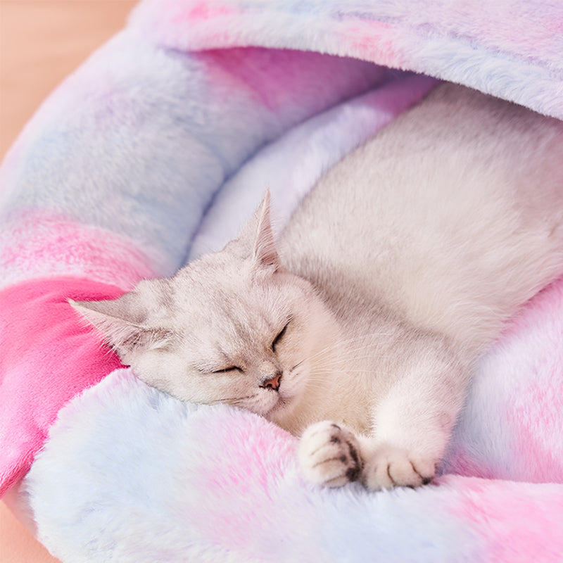 KFX-8158525 Cozy Plush Enclosed Cat Bed for Warm Winter Sleep - Simple Stylish Design, Unicorn Claw Features, Pink & Blue