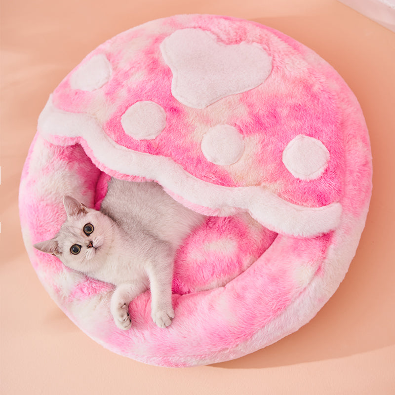 KFX-8158525 Cozy Plush Enclosed Cat Bed for Warm Winter Sleep - Simple Stylish Design, Unicorn Claw Features, Pink & Blue
