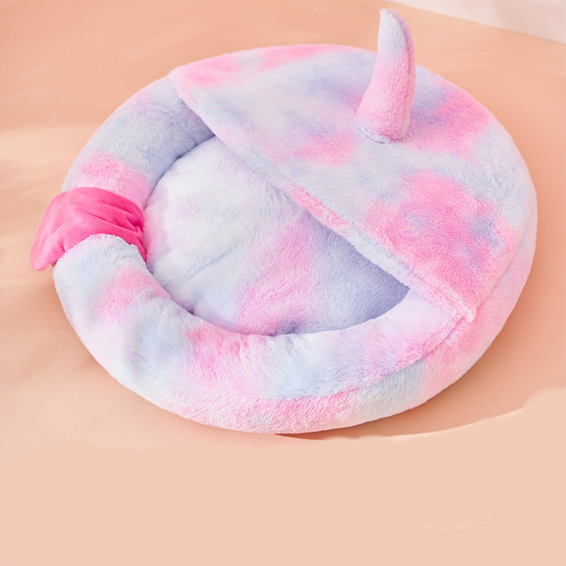 KFX-8158525 Cozy Plush Enclosed Cat Bed for Warm Winter Sleep - Simple Stylish Design, Unicorn Claw Features, Pink & Blue