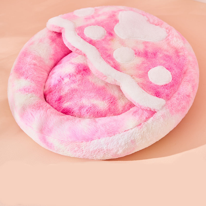 KFX-8158525 Cozy Plush Enclosed Cat Bed for Warm Winter Sleep - Simple Stylish Design, Unicorn Claw Features, Pink & Blue