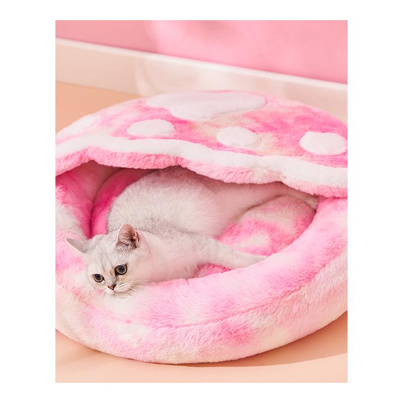 KFX-8158525 Cozy Plush Enclosed Cat Bed for Warm Winter Sleep - Simple Stylish Design, Unicorn Claw Features, Pink & Blue