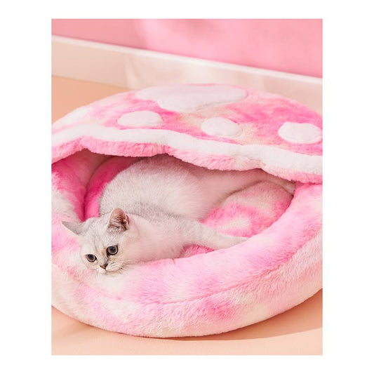 KFX-8158525 Cozy Plush Enclosed Cat Bed for Warm Winter Sleep - Simple Stylish Design, Unicorn Claw Features, Pink & Blue