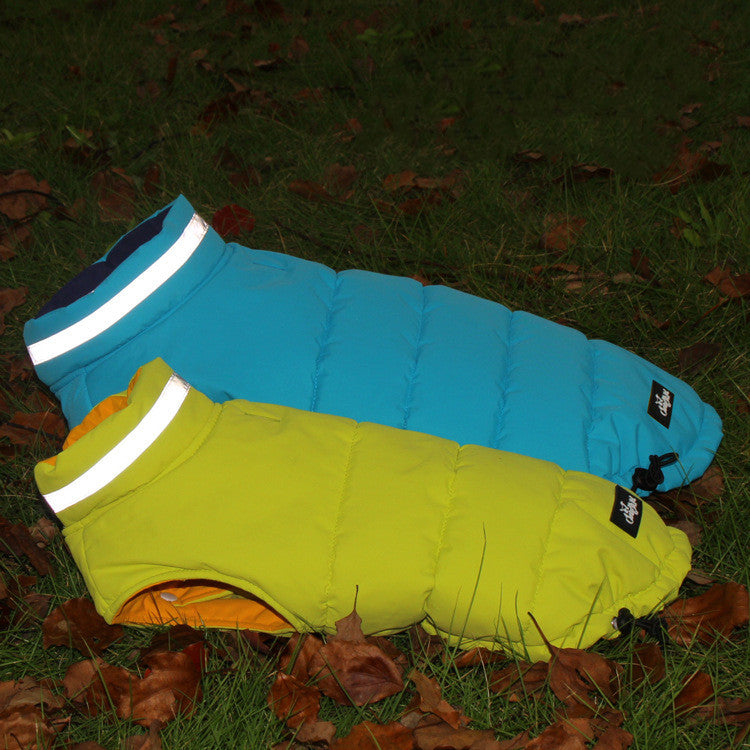KFX-8158909 Thickened Waterproof Double-Sided Reflective Outdoor Pet Jacket in Blue and Green