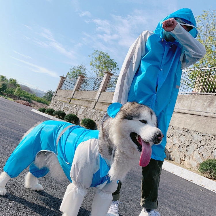 KFX-8162621 Lightweight Waterproof Pet Parent-Child Dinosaur Raincoat - Blue & White, Various Sizes Available