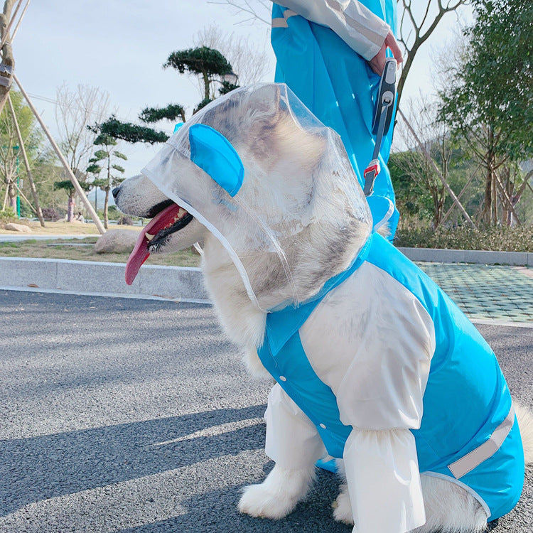 KFX-8162621 Lightweight Waterproof Pet Parent-Child Dinosaur Raincoat - Blue & White, Various Sizes Available