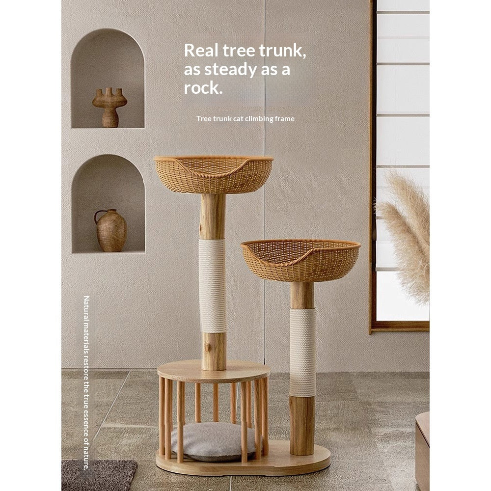 KFX-8163517 Solid Wood Cat Climbing Frame with Sisal-Covered Tree Trunk and Cat Bed