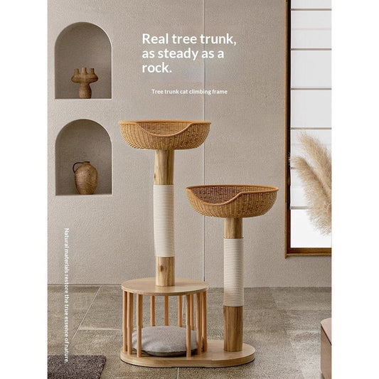 KFX-8163517 Solid Wood Cat Climbing Frame with Sisal-Covered Tree Trunk and Cat Bed