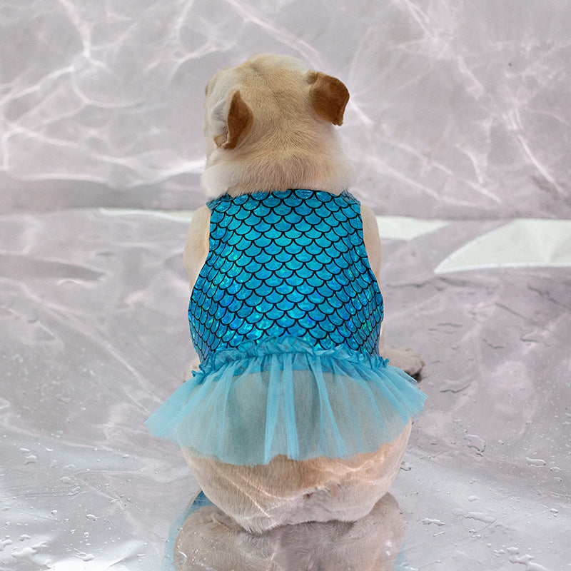 KFX-8166589 Dog Leisure Skirt in Lake Blue and Rose Red Made from Laser Bronzing Fish Scale Cloth