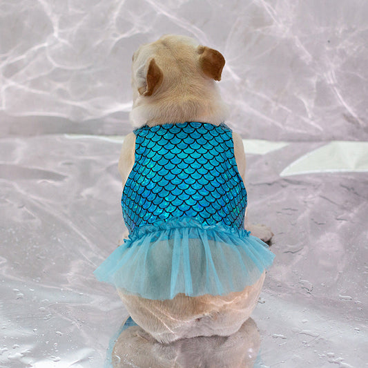 KFX-8166589 Dog Leisure Skirt in Lake Blue and Rose Red Made from Laser Bronzing Fish Scale Cloth