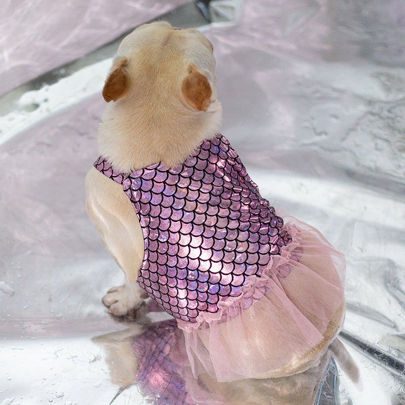 KFX-8166589 Dog Leisure Skirt in Lake Blue and Rose Red Made from Laser Bronzing Fish Scale Cloth