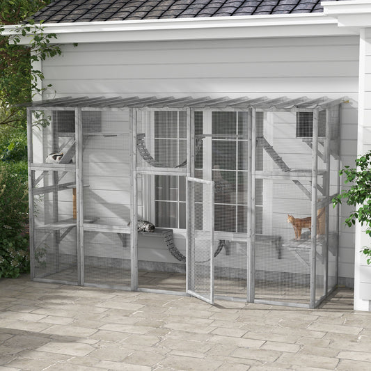 KFX-8170045 Gray Outdoor Cat Enclosure Window Box with Shelves, Bridges, and Ramps for Multiple Cats