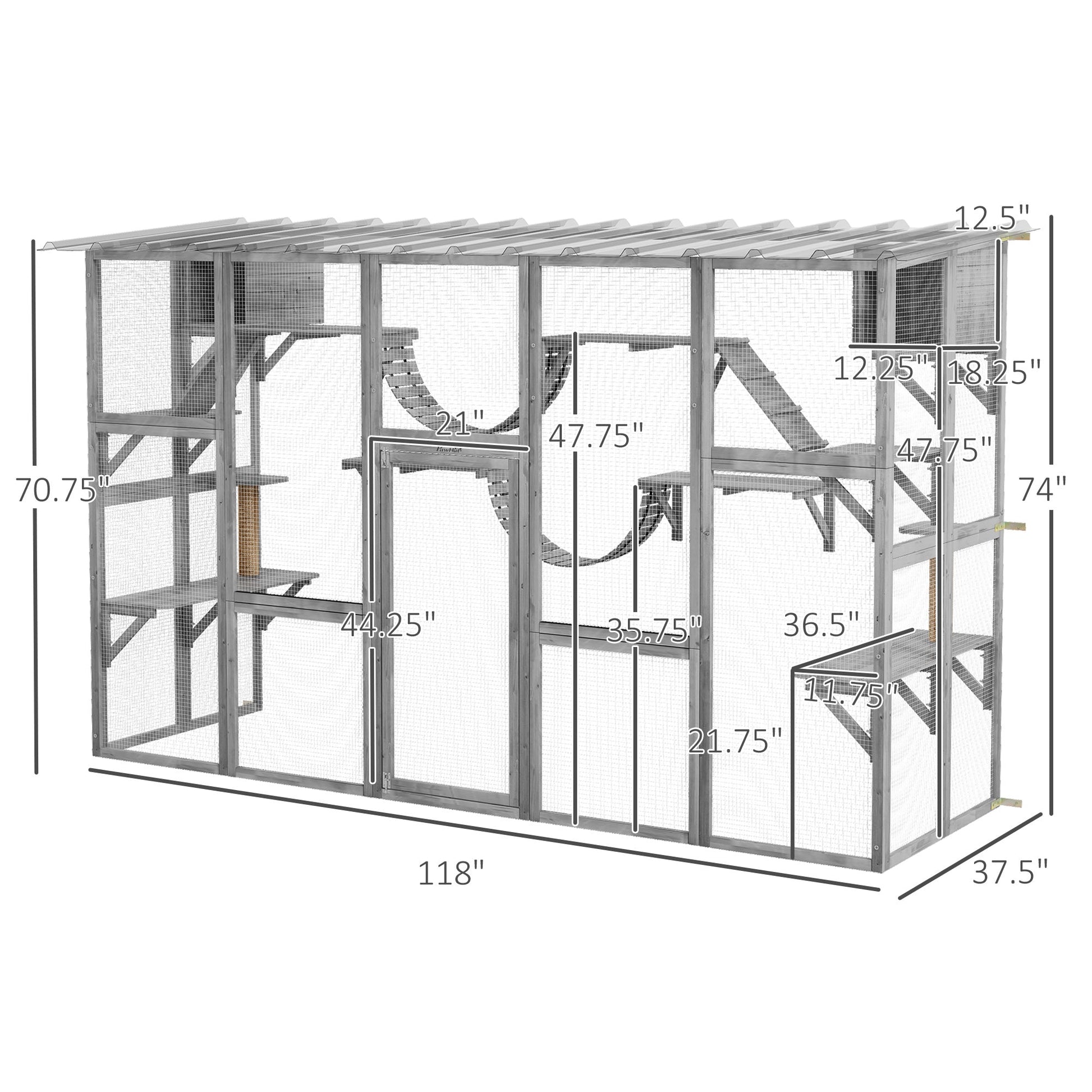 KFX-8170045 Gray Outdoor Cat Enclosure Window Box with Shelves, Bridges, and Ramps for Multiple Cats
