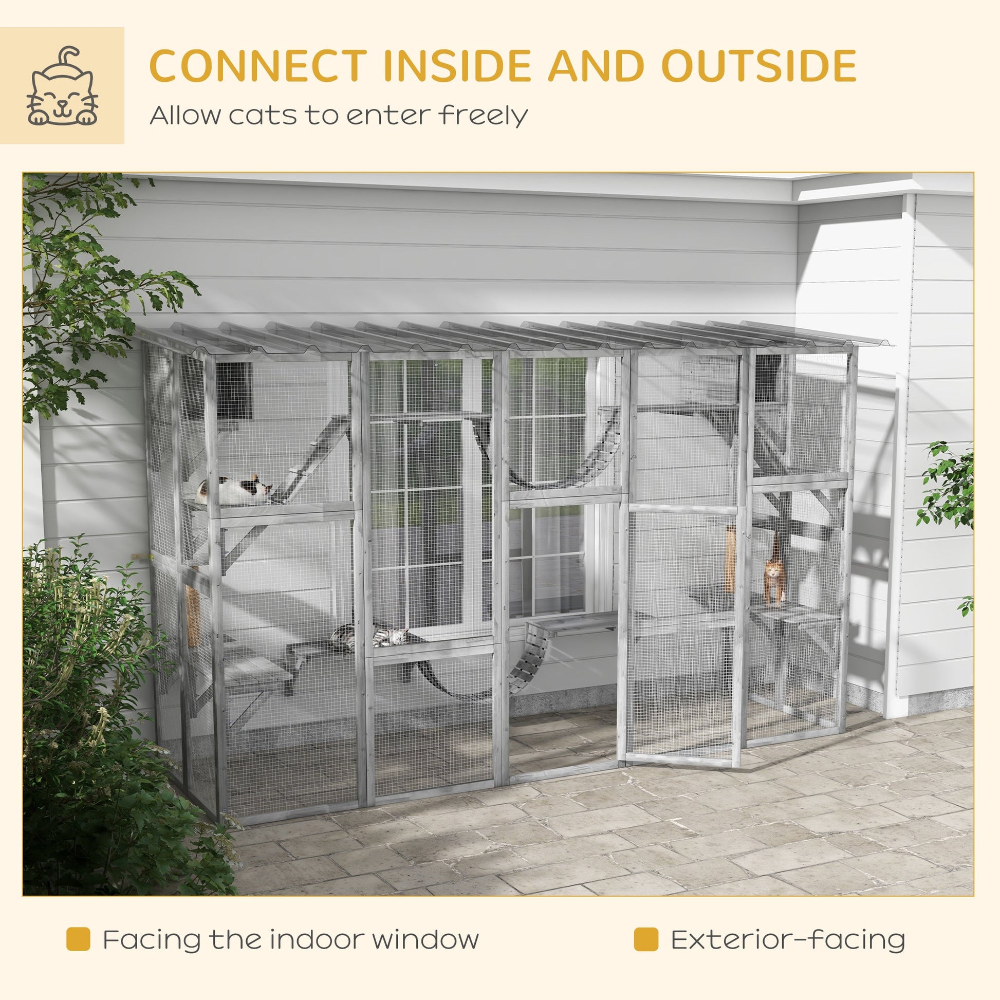 KFX-8170045 Gray Outdoor Cat Enclosure Window Box with Shelves, Bridges, and Ramps for Multiple Cats