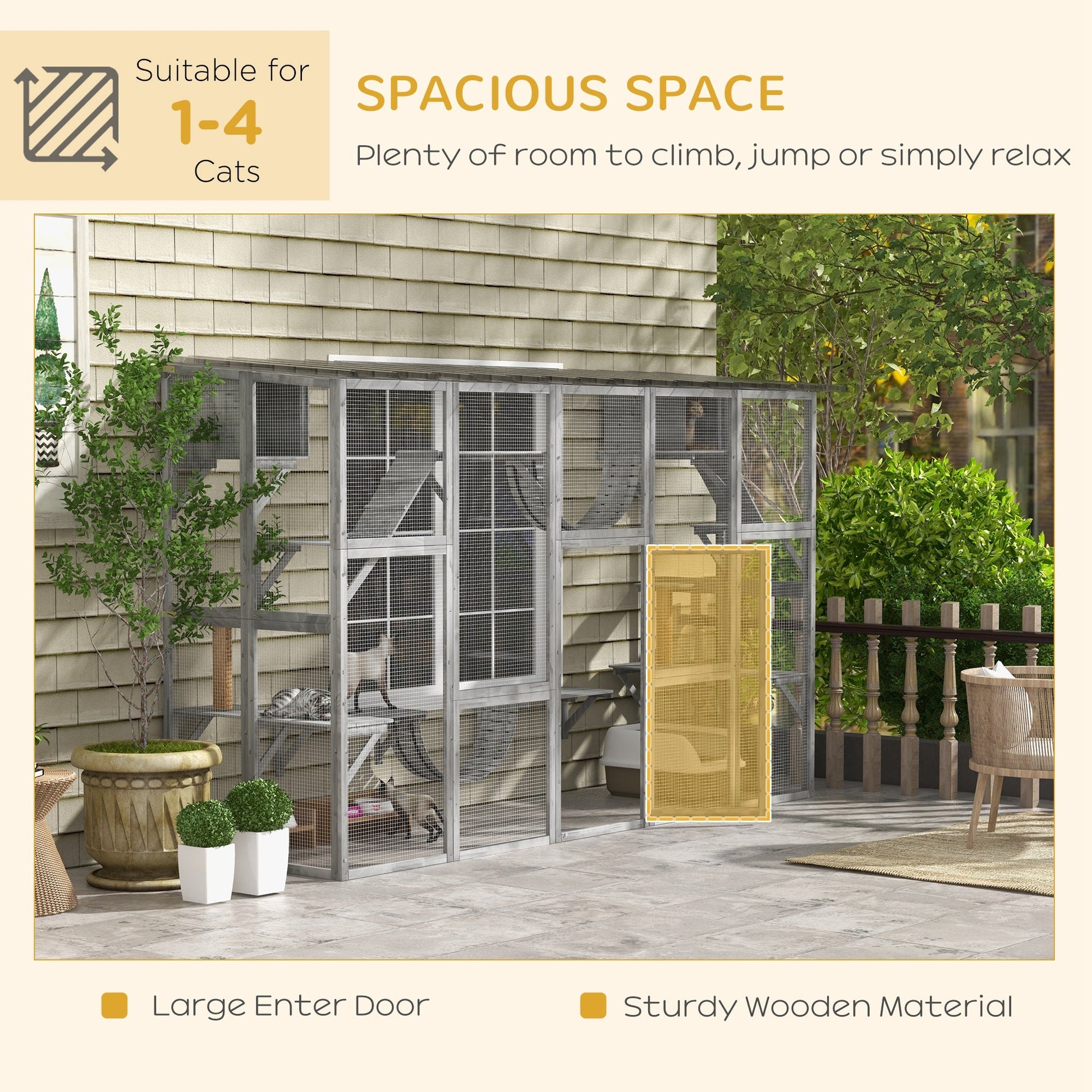 KFX-8170045 Gray Outdoor Cat Enclosure Window Box with Shelves, Bridges, and Ramps for Multiple Cats