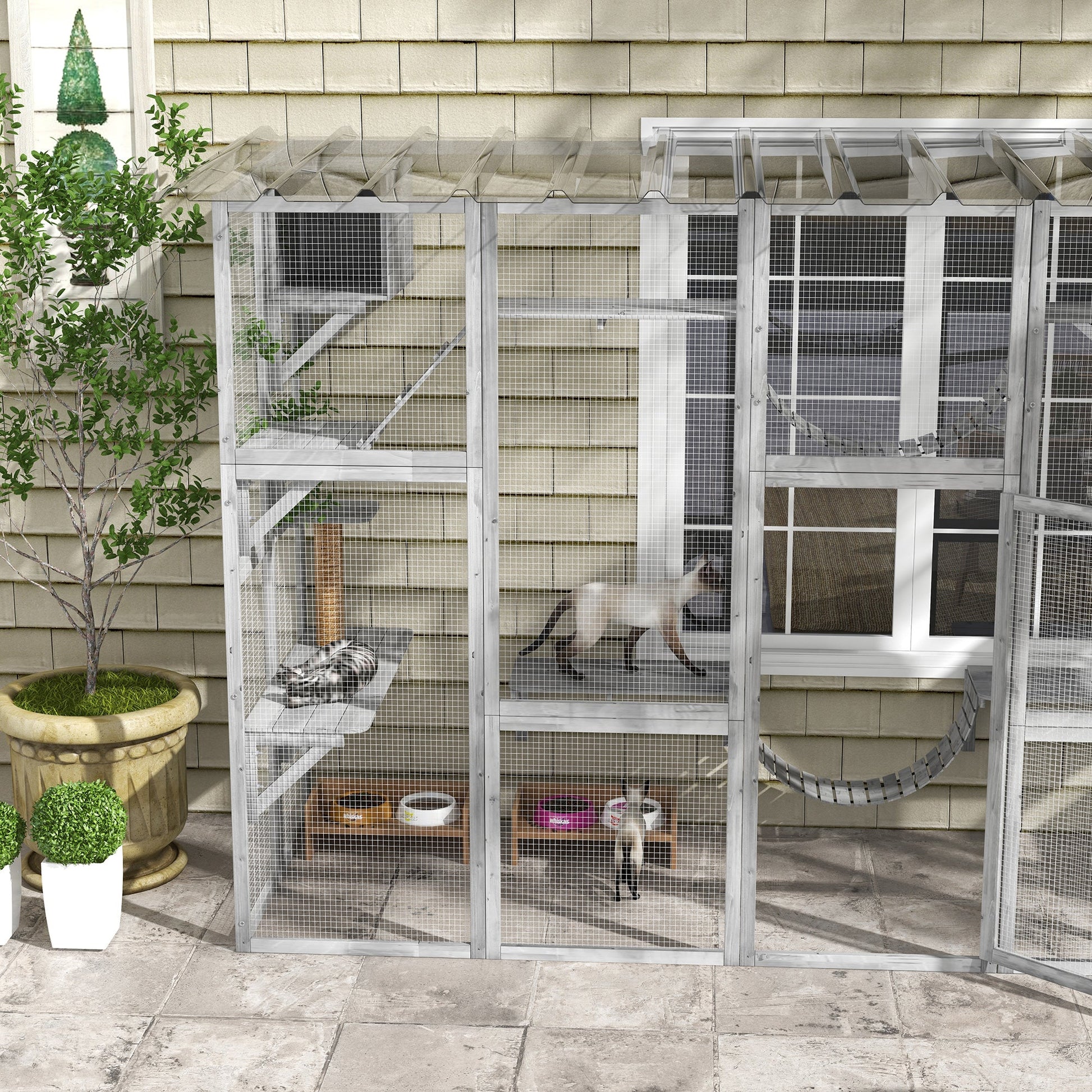 KFX-8170045 Gray Outdoor Cat Enclosure Window Box with Shelves, Bridges, and Ramps for Multiple Cats