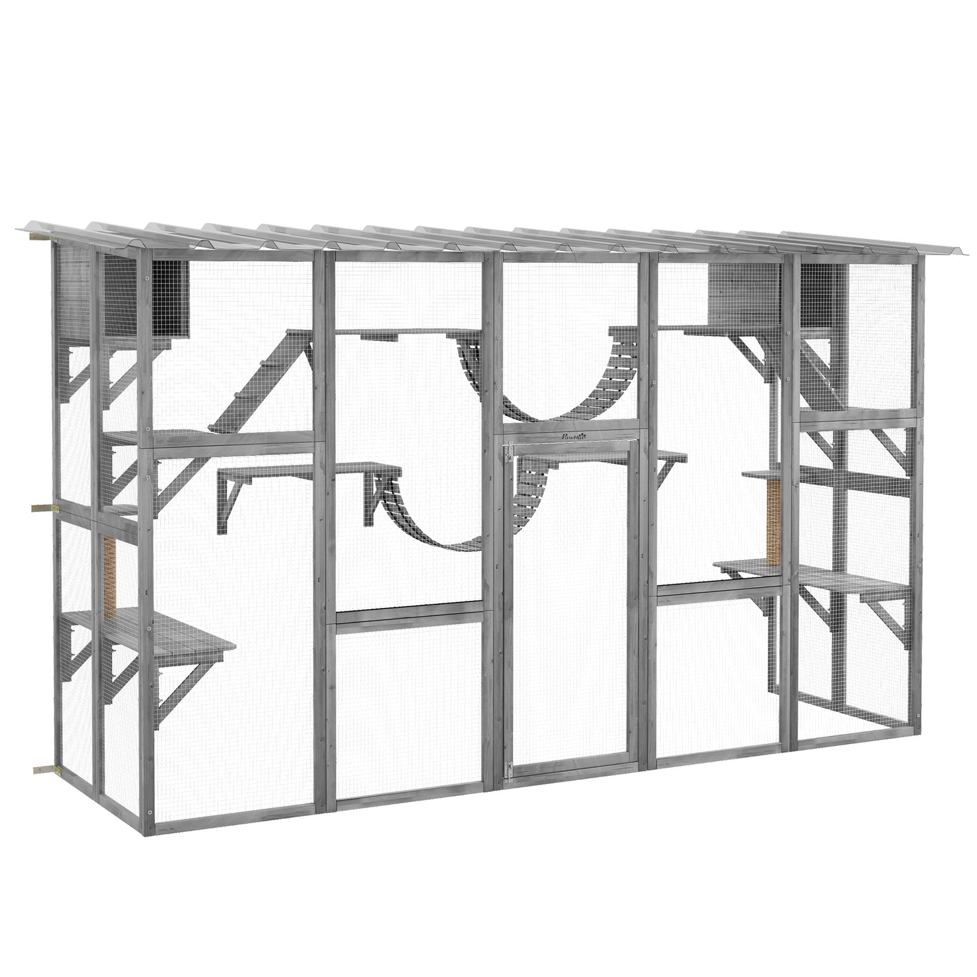 KFX-8170045 Gray Outdoor Cat Enclosure Window Box with Shelves, Bridges, and Ramps for Multiple Cats