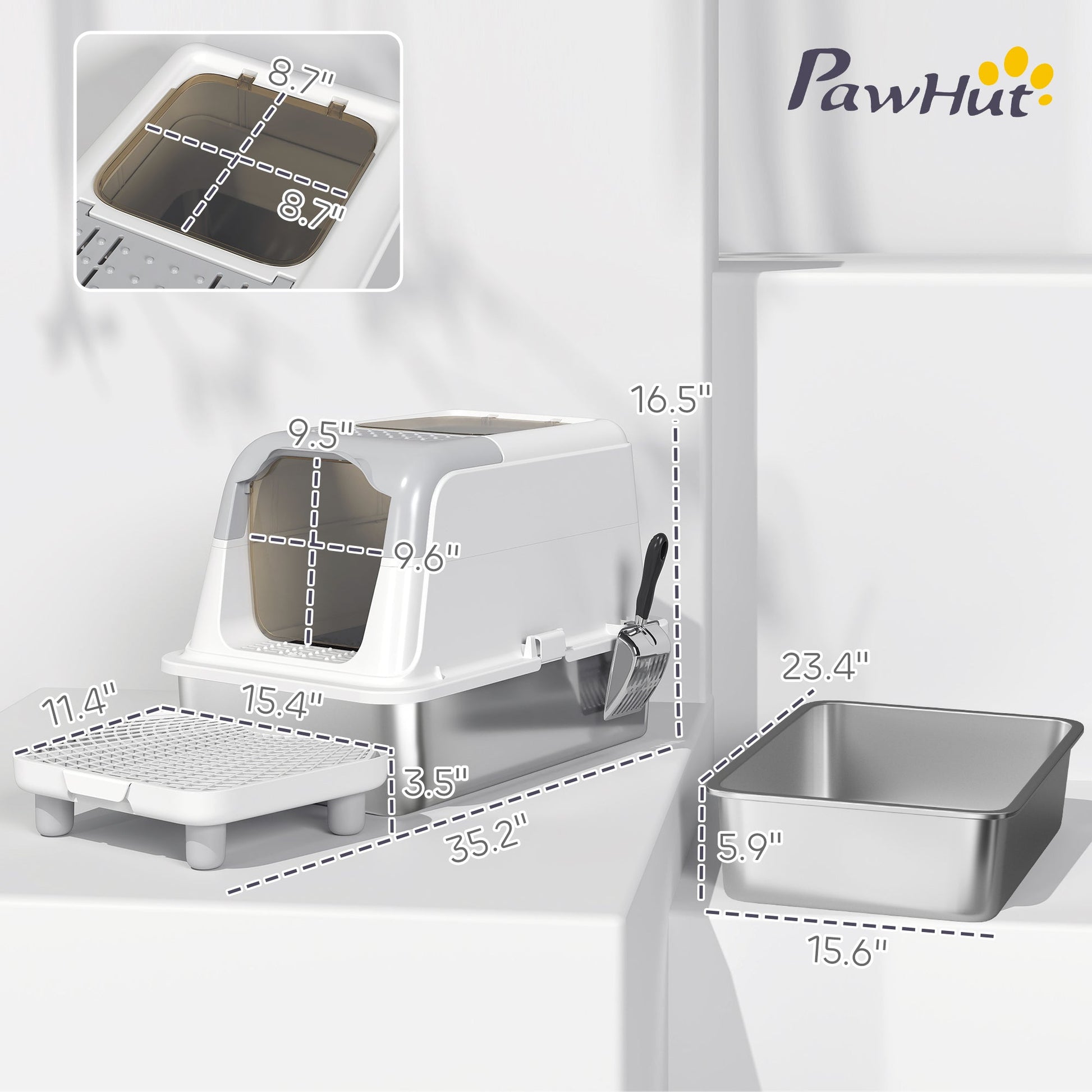 KFX-8171453 Enclosed Extra Large Stainless Steel Cat Litter Box with Scoop and Deodorizer