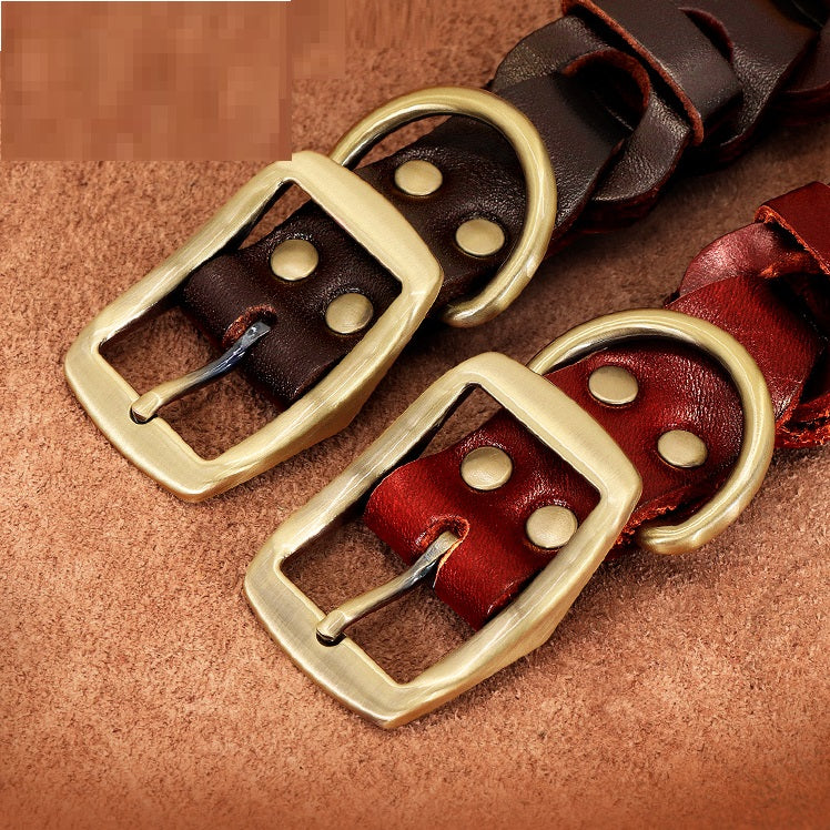 KFX-8171837 Braided Leather Dog Collar for Medium to Large Dogs - Dark Brown & Vermilion Cowhide Design