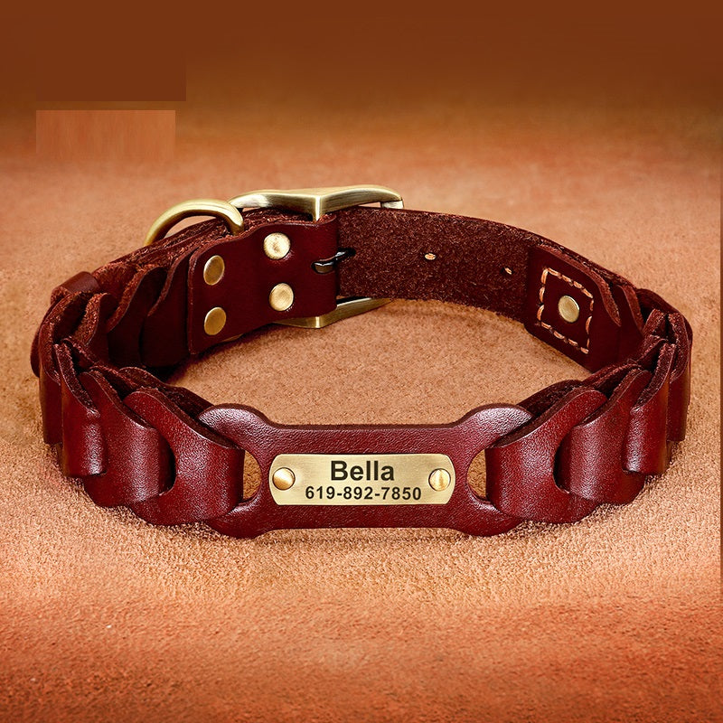 KFX-8171837 Braided Leather Dog Collar for Medium to Large Dogs - Dark Brown & Vermilion Cowhide Design