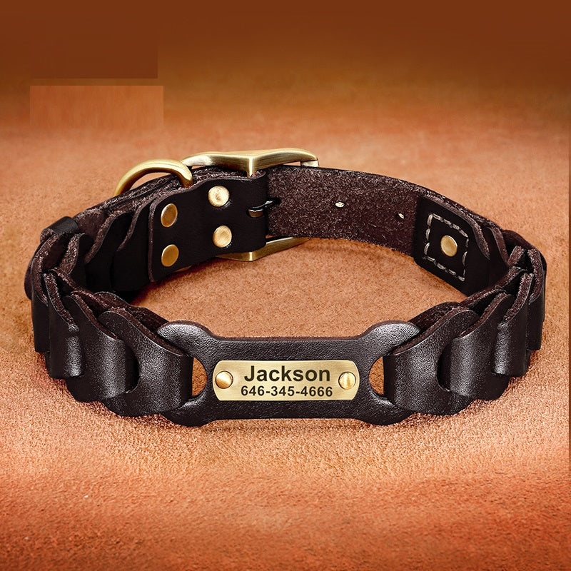 KFX-8171837 Braided Leather Dog Collar for Medium to Large Dogs - Dark Brown & Vermilion Cowhide Design