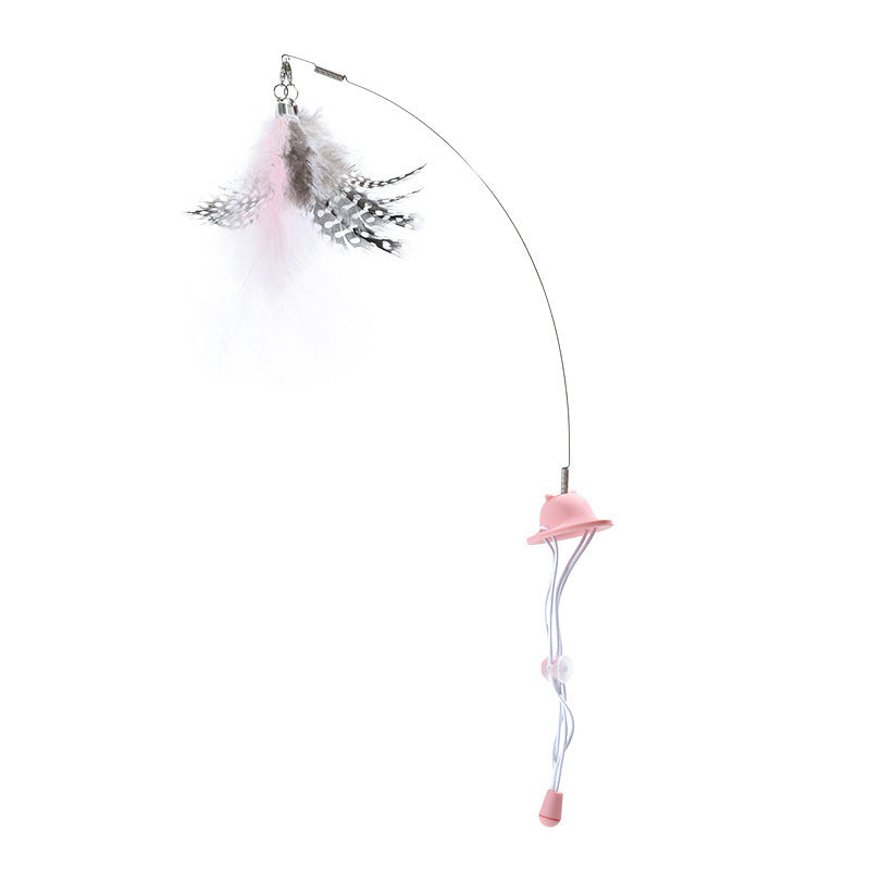 KFX-8176573 Cat Teaser Toy with Head-Mounted Feathers - Pink Silicone and Elastic String
