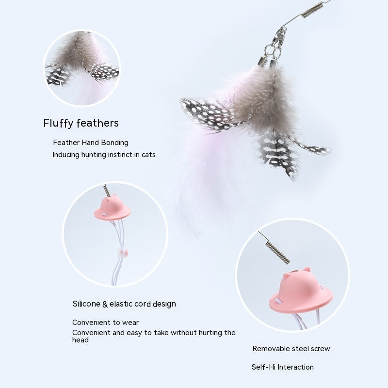 KFX-8176573 Cat Teaser Toy with Head-Mounted Feathers - Pink Silicone and Elastic String