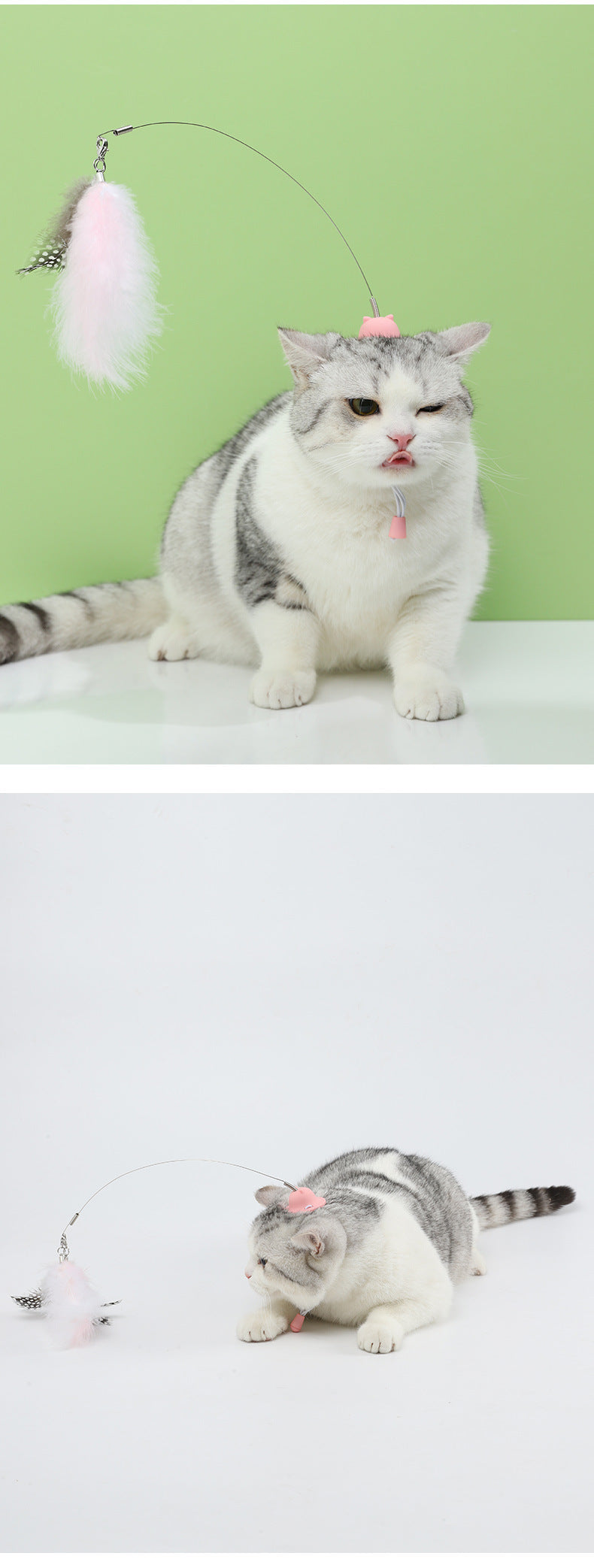 KFX-8176573 Cat Teaser Toy with Head-Mounted Feathers - Pink Silicone and Elastic String