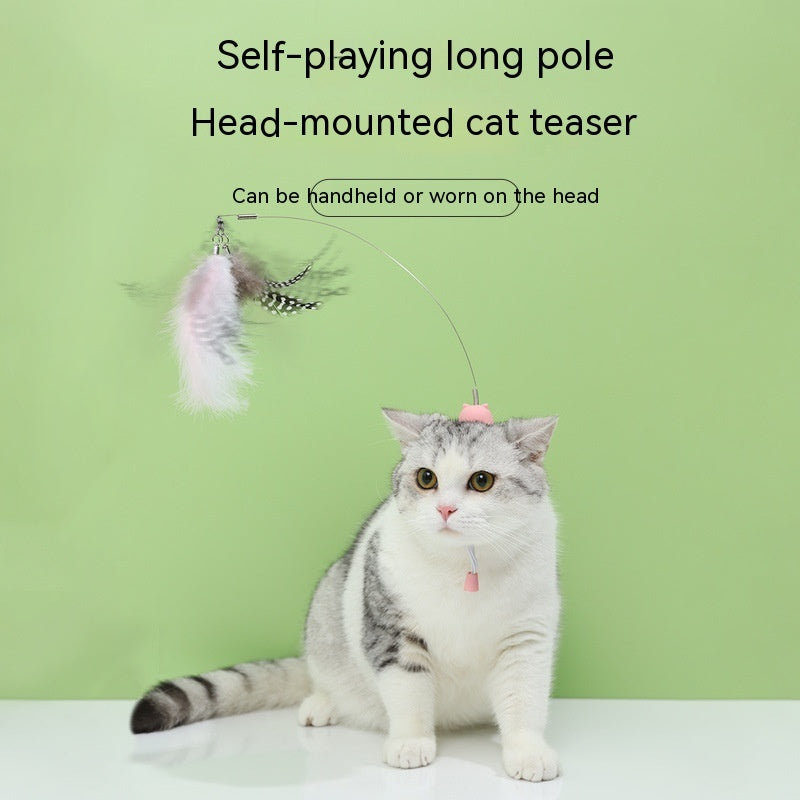 KFX-8176573 Cat Teaser Toy with Head-Mounted Feathers - Pink Silicone and Elastic String