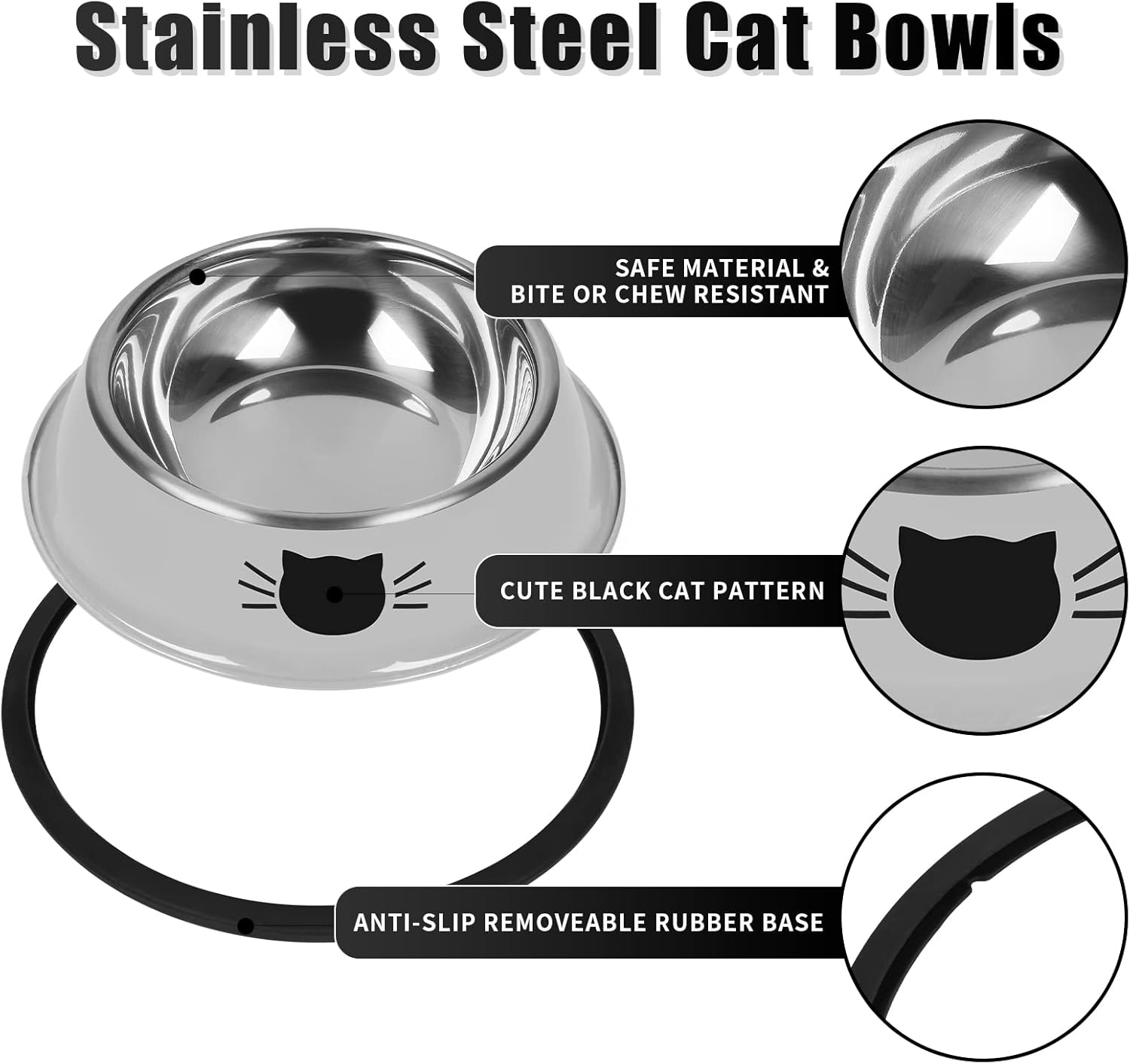 KFX-8182973 Non-Slip Stainless Steel Cat Food Bowls with Removable Rubber Base for Small Cats