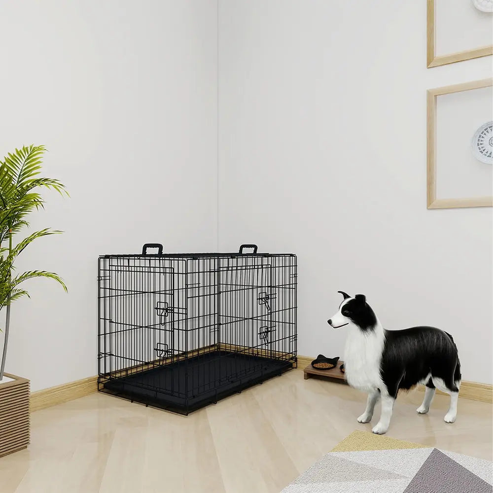 KFX-8185149 36-Inch Black Wire Dog Cage with Double Lock Mechanism and Two Doors for Enhanced Security
