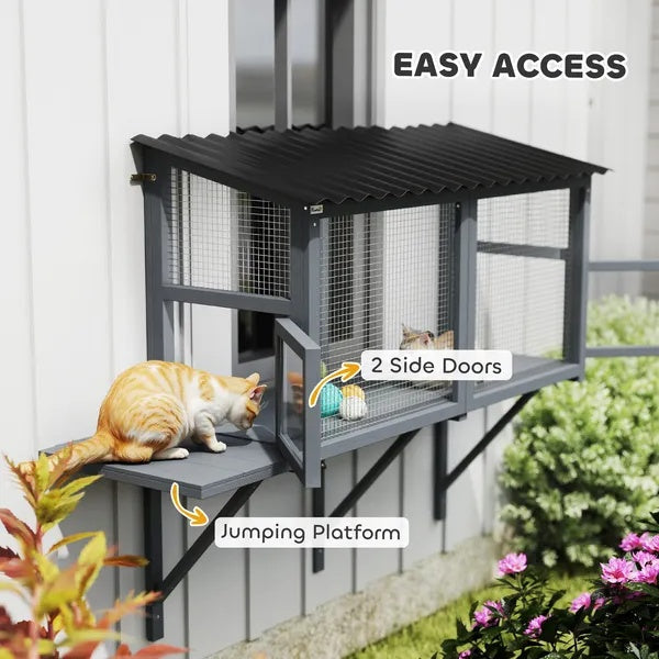 KFX-8190909 Outdoor Wooden Cat Catio with Jumping Platform and Dual Side Doors