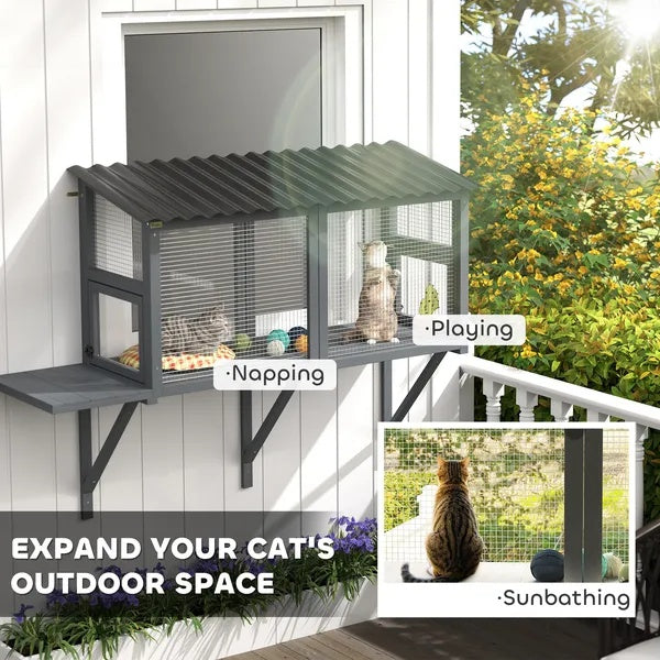 KFX-8190909 Outdoor Wooden Cat Catio with Jumping Platform and Dual Side Doors