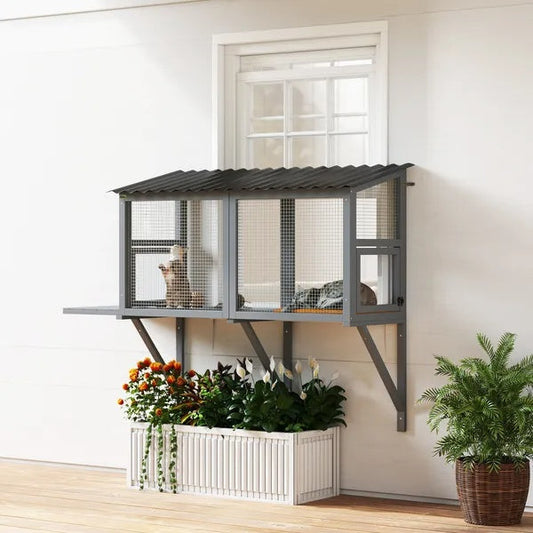 KFX-8190909 Outdoor Wooden Cat Catio with Jumping Platform and Dual Side Doors