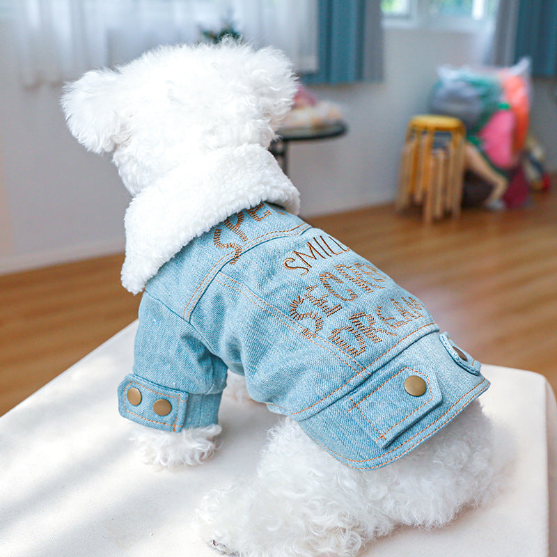 KFX-8197437 Pet Denim Cotton Coat with English Letters - Stylish Leisure Wear in Multiple Sizes