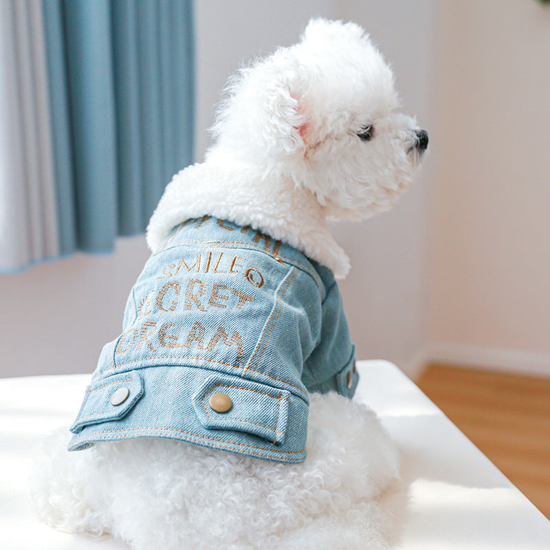 KFX-8197437 Pet Denim Cotton Coat with English Letters - Stylish Leisure Wear in Multiple Sizes