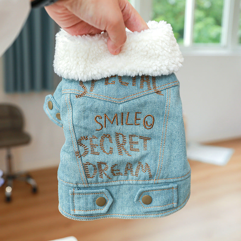KFX-8197437 Pet Denim Cotton Coat with English Letters - Stylish Leisure Wear in Multiple Sizes
