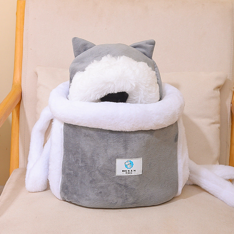 KFX-8199229 Cute Japanese and Korean Style Velvet Cat Backpack in Soft Gray, Pink, Light Gray, and Coffee Color - M and L Sizes Available