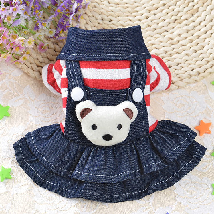 KFX-8201149 Cute Denim Dog Suspenders with Striped Bear Design and Four-Legged Trousers