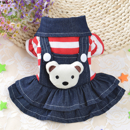 KFX-8201149 Cute Denim Dog Suspenders with Striped Bear Design and Four-Legged Trousers