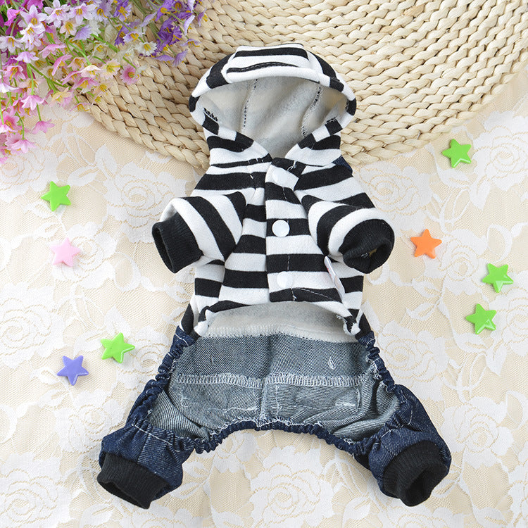 KFX-8201149 Cute Denim Dog Suspenders with Striped Bear Design and Four-Legged Trousers