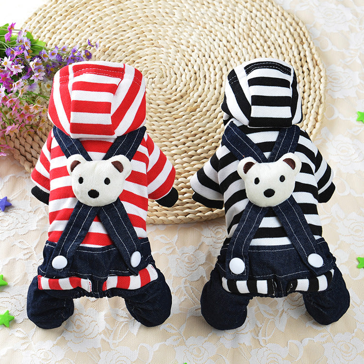 KFX-8201149 Cute Denim Dog Suspenders with Striped Bear Design and Four-Legged Trousers