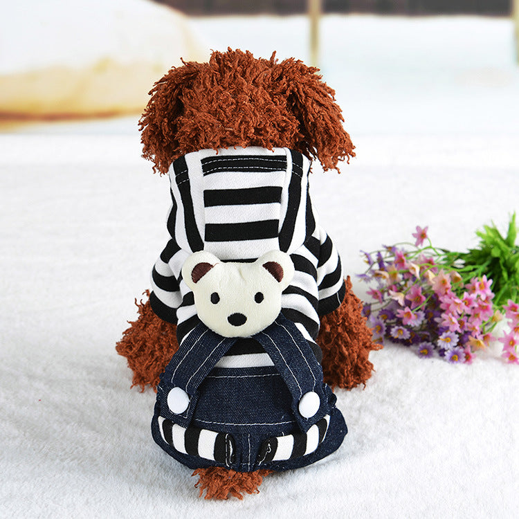 KFX-8201149 Cute Denim Dog Suspenders with Striped Bear Design and Four-Legged Trousers