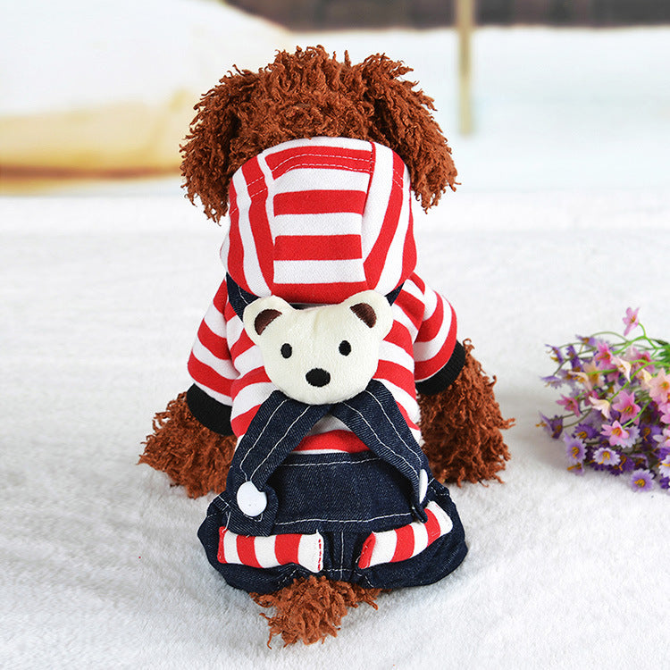 KFX-8201149 Cute Denim Dog Suspenders with Striped Bear Design and Four-Legged Trousers