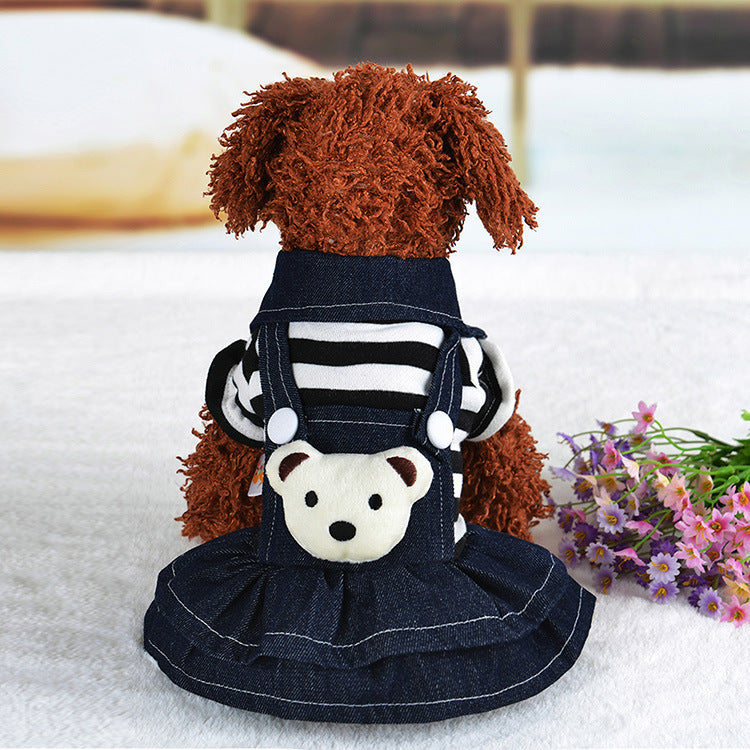 KFX-8201149 Cute Denim Dog Suspenders with Striped Bear Design and Four-Legged Trousers