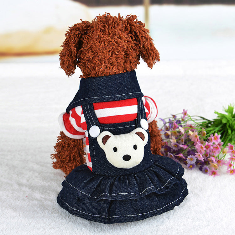 KFX-8201149 Cute Denim Dog Suspenders with Striped Bear Design and Four-Legged Trousers