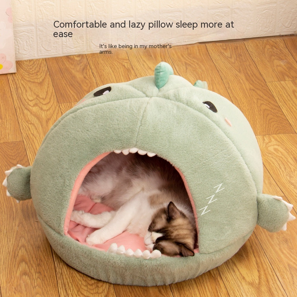 KFX-8202813 Dinosaur-Themed Semi-Closed Pet Bed in Fruit Green and Purple Options for Small to Large Dogs