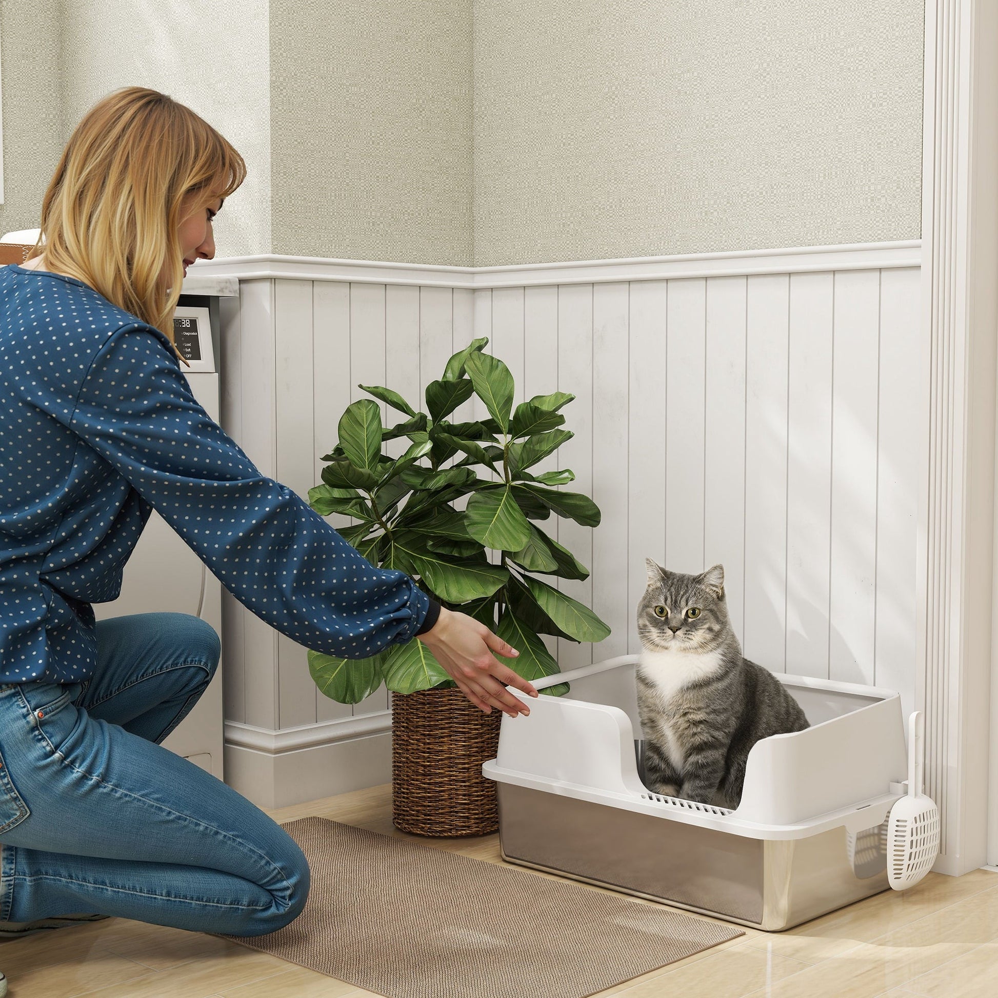 KFX-8204221 Extra Large Stainless Steel Cat Litter Box with High Sides and Easy Clean Scoop, Light Gray