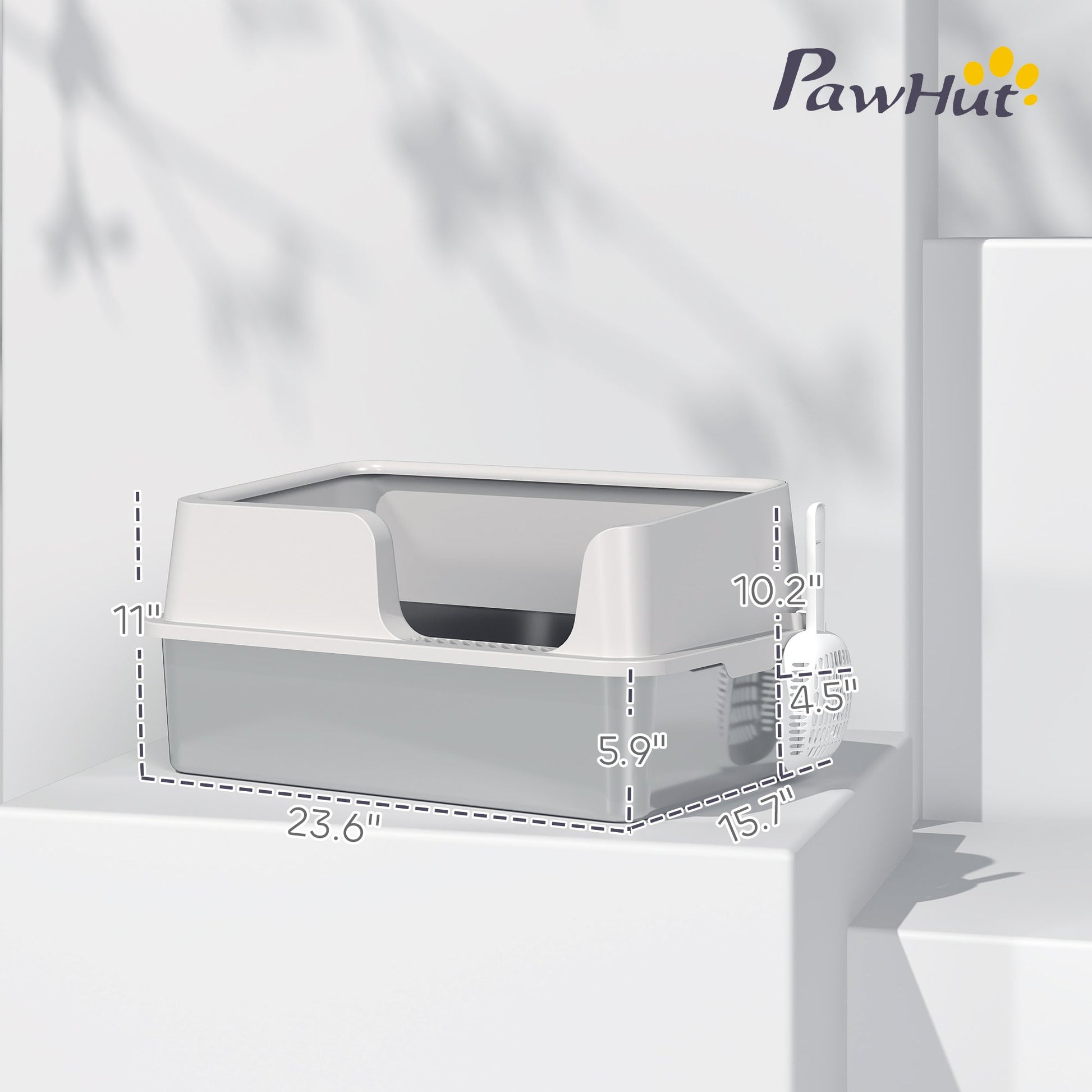 KFX-8204221 Extra Large Stainless Steel Cat Litter Box with High Sides and Easy Clean Scoop, Light Gray