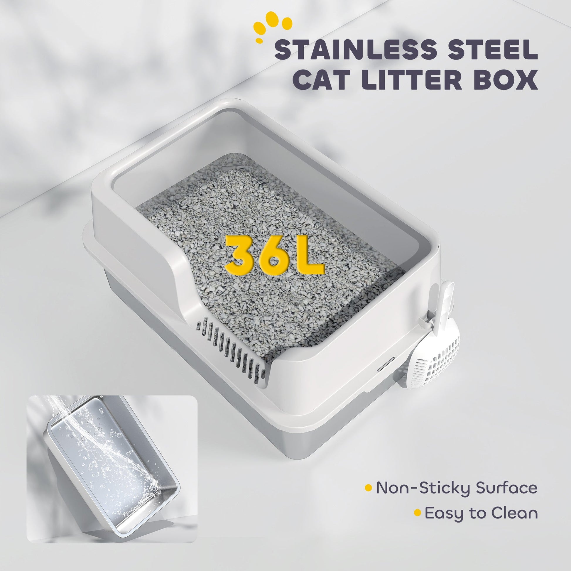 KFX-8204221 Extra Large Stainless Steel Cat Litter Box with High Sides and Easy Clean Scoop, Light Gray